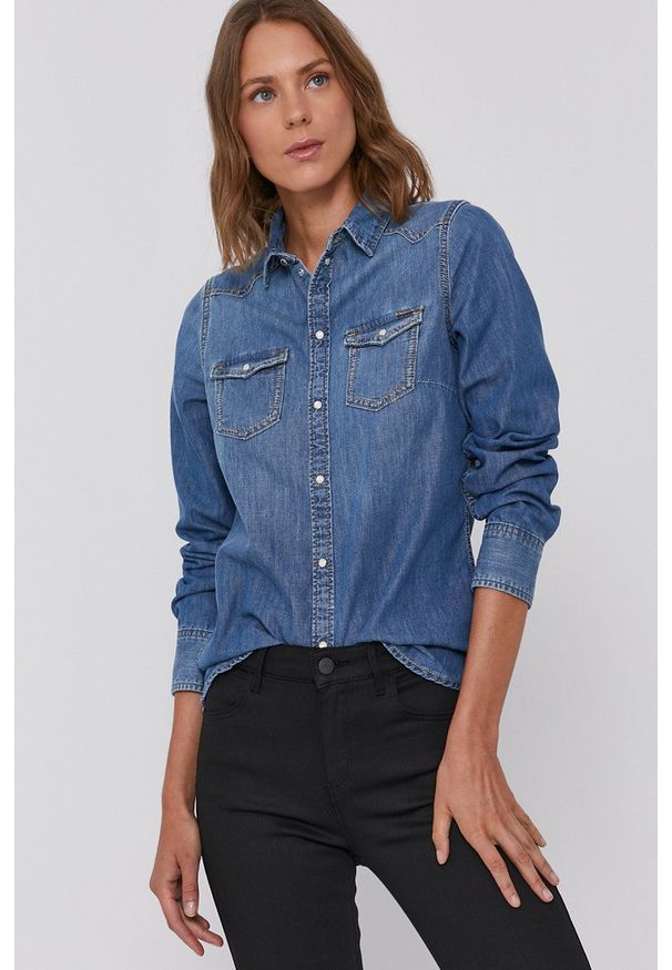 Pepe Jeans - Koszula bawełniana jeansowa Rhonda. Okazja: na co dzień. Kolor: niebieski. Materiał: bawełna. Długość rękawa: długi rękaw. Długość: długie. Styl: casual