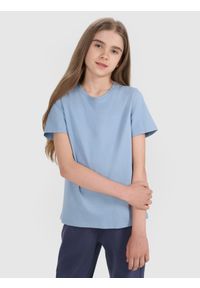 4f - 4F T-shirt regular gładki dziewczęcy - niebieski 146 (10-11 lat). Okazja: na co dzień. Kolor: niebieski. Materiał: jersey, bawełna, materiał. Długość rękawa: krótki rękaw. Długość: krótkie. Wzór: gładki. Sezon: lato. Styl: sportowy, młodzieżowy, klasyczny, casual