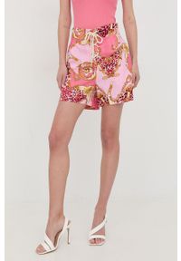 Guess szorty lniane damskie kolor różowy wzorzyste high waist. Okazja: na co dzień. Stan: podwyższony. Kolor: różowy. Materiał: len. Styl: casual
