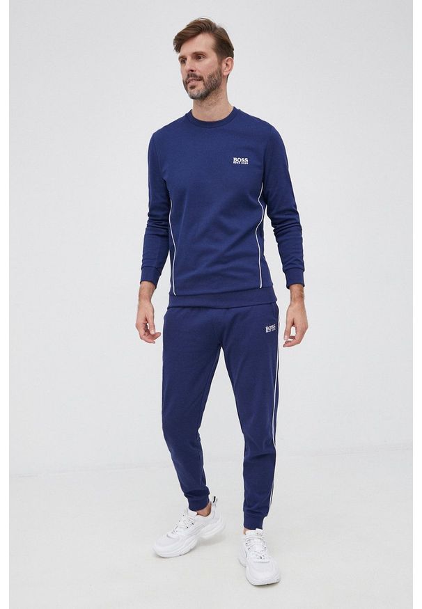 BOSS - Boss Bluza męska gładka. Okazja: na co dzień. Kolor: niebieski. Materiał: dzianina. Wzór: gładki. Styl: casual