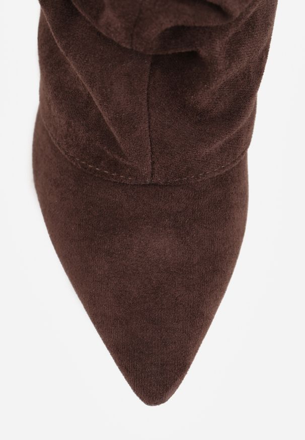 Renee - Brązowe Marszczone Kozaki na Słupkowym Obcasie z Wywiniętą Cholewką Runella. Okazja: na imprezę, na co dzień. Kolor: brązowy. Materiał: jeans, skóra. Szerokość cholewki: normalna. Obcas: na obcasie. Styl: casual, elegancki. Wysokość obcasa: średni