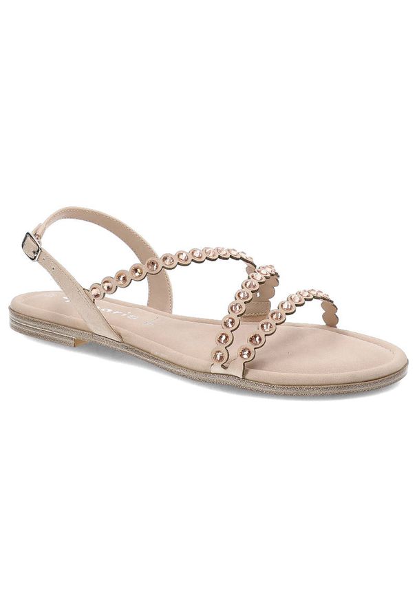 Różowe Sandały Tamaris Eleganckie Buty Damskie. Okazja: na co dzień, na spacer. Zapięcie: pasek. Kolor: różowy. Materiał: len, skóra ekologiczna. Wzór: paski, kolorowy, aplikacja. Sezon: lato. Obcas: na płaskiej podeszwie. Styl: elegancki