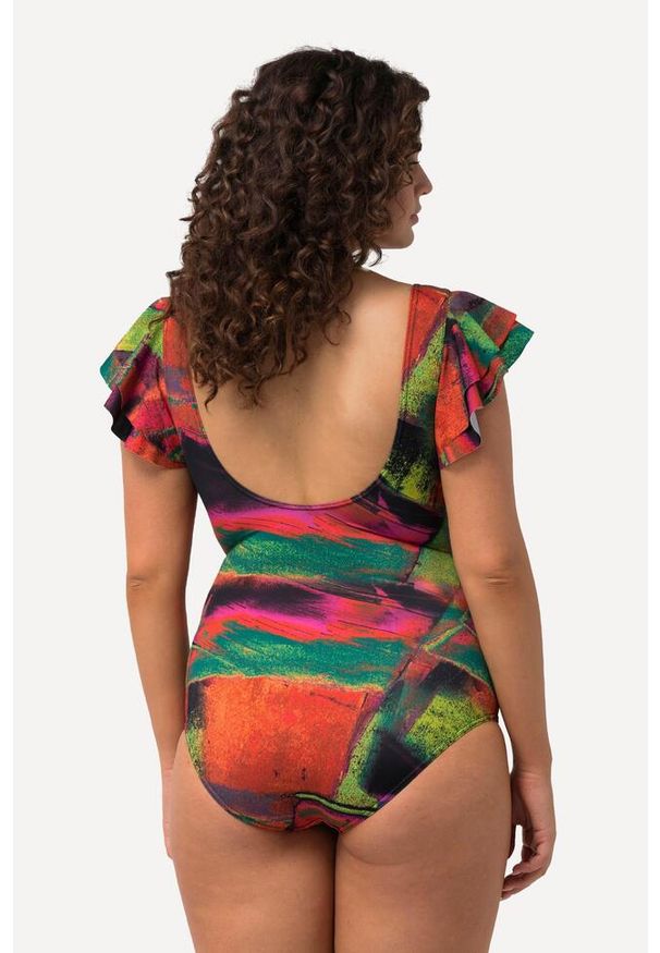 ULLA POPKEN - Damski Strój kąpielowy rękawy z falbankami miękkie miseczki okrągły dekolt. Kolekcja: plus size. Kolor: zielony. Materiał: poliester, elastan, poliamid, materiał