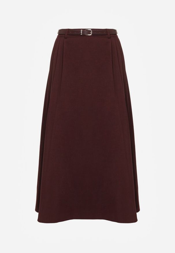 Born2be - Bordowa Wiskozowa Spódnica o Rozkloszowanym Kroju z Paskiem z Klamrą Lawedisa. Okazja: na co dzień, do pracy, na spotkanie biznesowe. Kolor: czerwony. Materiał: wiskoza. Styl: biznesowy, klasyczny, casual, elegancki