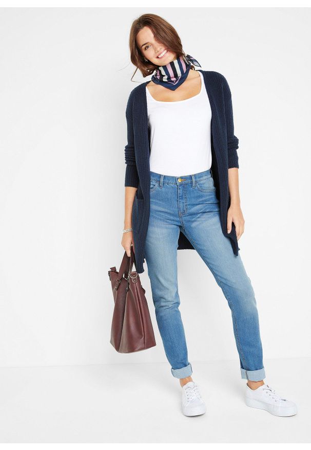 bonprix - Długi kardigan w szeroki prążek. Typ kołnierza: dekolt w serek. Kolor: niebieski. Długość: długie. Wzór: prążki