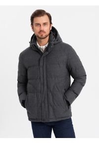 Ombre Clothing - Casualowa męska kurtka puffer z wełną – czarny melanż V2 - Rozmiar: L. Okazja: na co dzień. Typ kołnierza: kołnierzyk stójkowy. Kolor: czarny. Materiał: wełna. Długość: długie. Wzór: melanż. Styl: casual