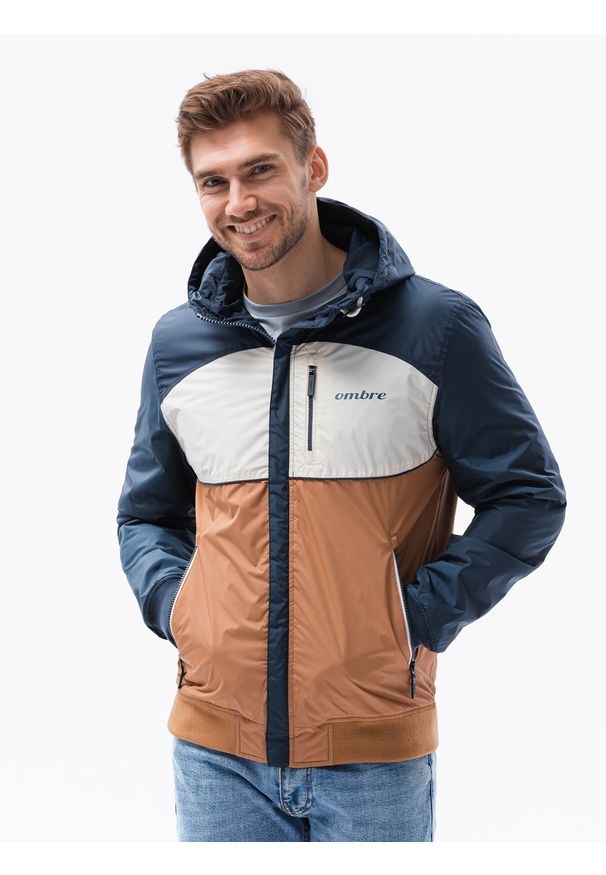 Brązowa kurtka Ombre Clothing na wiosnę, z kapturem
