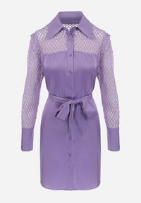 Born2be - Fioletowa Koszulowa Mini Sukienka z Materiałowym Paskiem i Siateczką w Górnej Części Gudris. Kolor: fioletowy. Materiał: materiał. Typ sukienki: koszulowe. Długość: mini #6