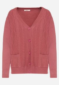 Born2be - Ciemnoróżowy Kardigan z Bawełną Zdobiony Warkoczowym Splotem i Kieszeniami Mevesava. Okazja: na co dzień. Typ kołnierza: dekolt w serek. Kolor: różowy. Materiał: bawełna. Wzór: ze splotem, aplikacja. Sezon: zima, jesień. Styl: casual, klasyczny #5