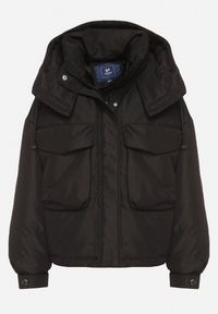 Born2be - Czarna Oversizowa Kurtka Bomberka z Kapturem i Ozdobnymi Kieszeniami Nalana. Okazja: na spacer, na co dzień. Typ kołnierza: kaptur. Kolor: czarny. Materiał: dzianina, jeans, poliester. Wzór: aplikacja. Styl: casual, sportowy #7