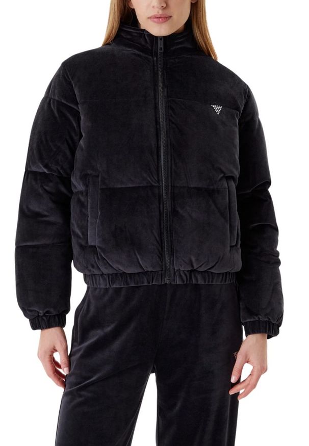 Guess - GUESS Сzarna zamszowa kurtka damska Couture Puffer, Rozmiar L. Kolor: czarny. Materiał: zamsz