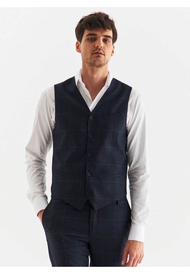 Pako Lorente - PAKO LORENTE – Granatowa kamizelka garniturowa w kratę Windowpane. Kolor: niebieski. Materiał: poliester, wiskoza, elastan