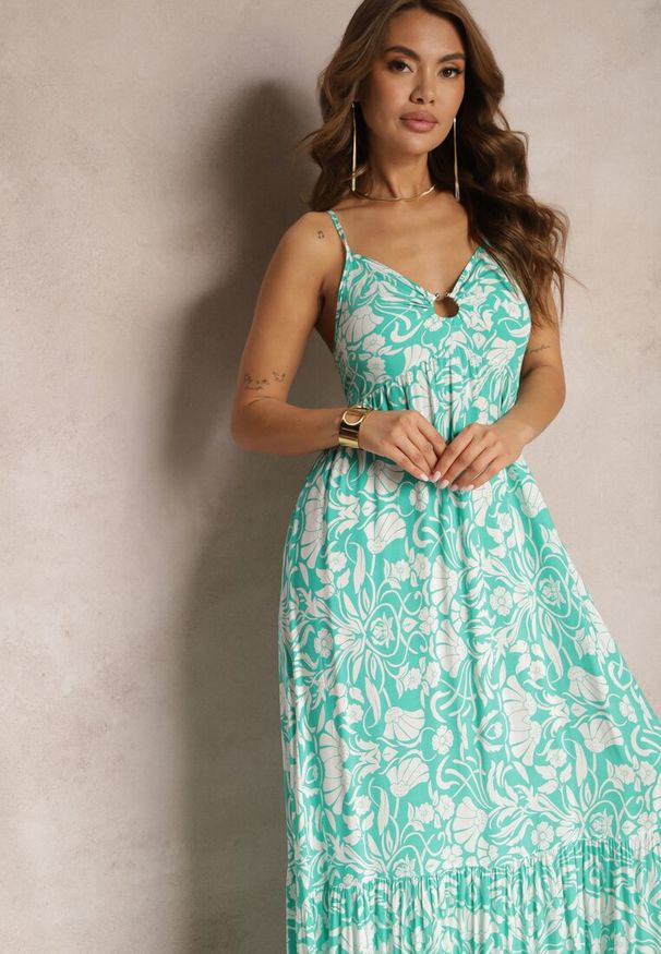 Renee - Zielona Bawełniana Sukienka Maxi na Ramiączkach z Kwiatowym Wzorem i Falbanką Mawidiona. Typ kołnierza: dekolt w kształcie V. Kolor: zielony. Materiał: bawełna. Długość rękawa: na ramiączkach. Wzór: kwiaty. Sezon: lato. Długość: maxi
