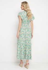 Born2be - Jasnozielona Sukienka z Bawełny w Ornamentalny Wzór z Gumką w Pasie i Falbankami Fioralas. Typ kołnierza: kołnierz z falbankami. Kolor: zielony. Materiał: bawełna #6