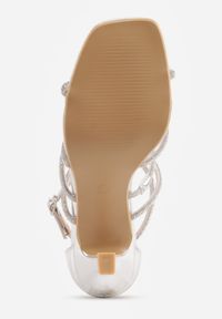 Born2be - Srebrne Sandały na Szpilce z Cyrkoniami i Kwadratowym Noskiem Vikirona. Zapięcie: sprzączka. Kolor: srebrny. Wzór: aplikacja. Obcas: na szpilce. Styl: wizytowy #6