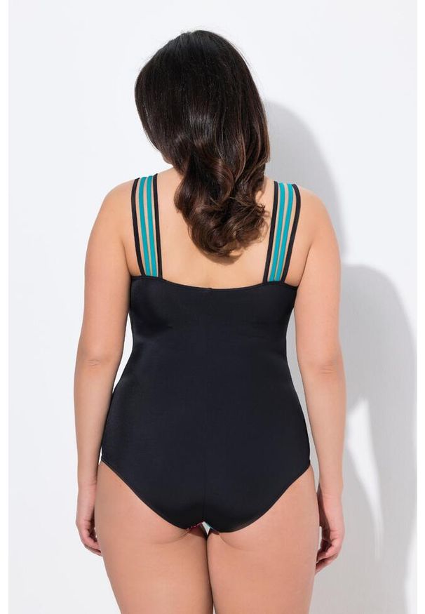 ULLA POPKEN - Damski Kostium kąpielowy kwiaty miękkie miseczki 4 ramiączka. Kolekcja: plus size. Kolor: czarny. Materiał: poliester, elastan, poliamid, materiał. Wzór: kwiaty