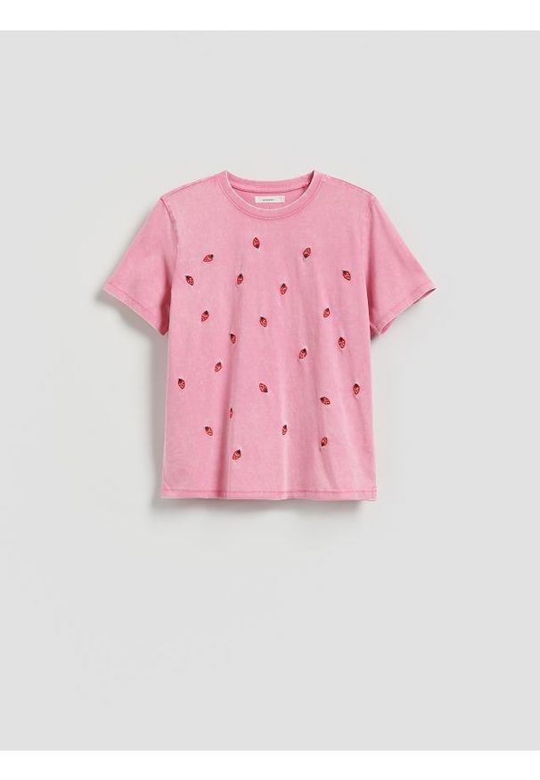 Reserved - Bawełniany T-shirt z haftem - wielobarwny. Materiał: bawełna. Wzór: haft