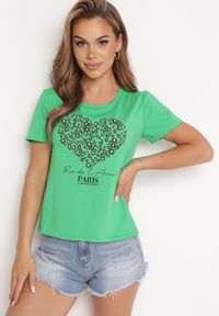Born2be - Zielony Bawełniany T-shirt Koszulka z Krótkim Rękawem i Nadrukiem z Cyrkoniami Jloella. Okazja: na co dzień. Kolor: zielony. Materiał: bawełna. Długość rękawa: krótki rękaw. Długość: krótkie. Wzór: nadruk. Styl: casual, glamour #5