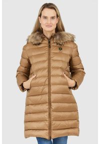 Blauer USA - BLAUER Brązowa kurtka puchowa damska z odpinanym futrem jenota, Rozmiar XS. Kolor: brązowy. Materiał: puch, futro