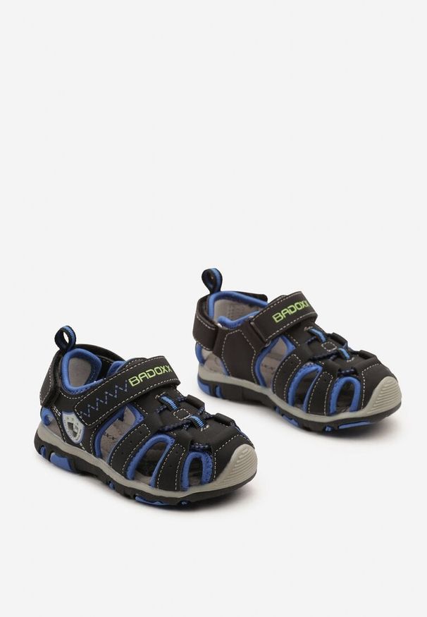 Born2be - Czarno-Niebieskie Sandały Sportowe na Rzepy z Wkładką ze Skóry Naturalnej Wavia. Zapięcie: rzepy. Kolor: czarny. Materiał: skóra. Styl: sportowy