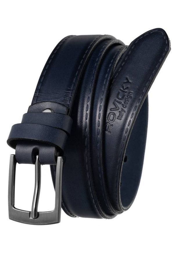 ROVICKY - Pasek męski Rovicky Wąski PLW-R-11 NIEBIESKI. Kolor: niebieski. Materiał: skóra. Wzór: aplikacja. Styl: casual, elegancki