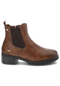 Brązowe Botki Mustang Sztyblety Damskie. Okazja: na co dzień. Zapięcie: zamek. Kolor: brązowy. Materiał: materiał, skóra ekologiczna, guma. Obcas: na obcasie. Styl: klasyczny, elegancki, casual. Wysokość obcasa: średni