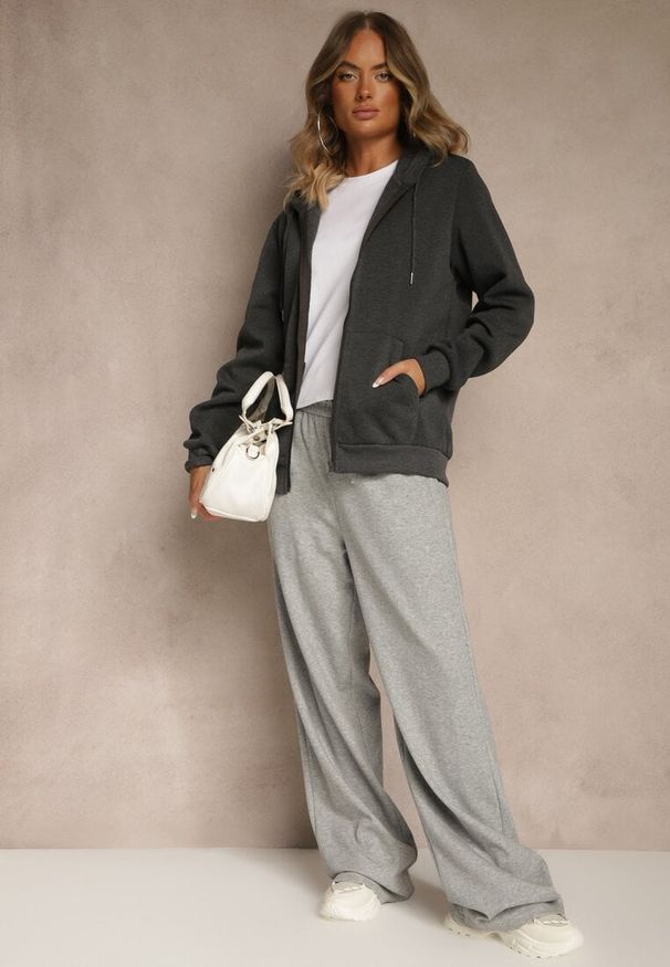 Renee - Ciemnoszara Bluza Rozpinana z Kapturem z Bawełną Ozdobiona Sznurkami Odiola. Okazja: na co dzień. Typ kołnierza: kaptur. Kolor: szary. Materiał: bawełna. Wzór: aplikacja. Styl: casual, sportowy