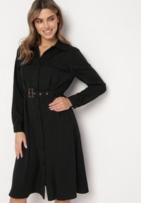 Born2be - Czarna Sukienka Koszulowa z Paskiem z Klamrą Unebia. Kolor: czarny. Typ sukienki: koszulowe #5