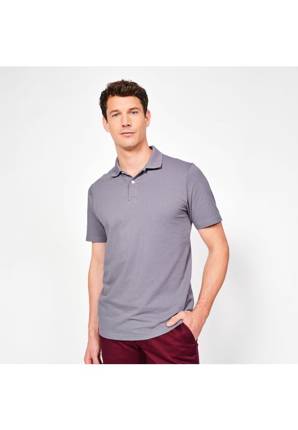 INESIS - Koszulka polo do golfa z krótkim rękawem męska Inesis MW100. Typ kołnierza: golf, polo. Kolor: szary. Materiał: bawełna, materiał. Długość rękawa: krótki rękaw. Długość: krótkie. Wzór: ze splotem. Styl: sportowy