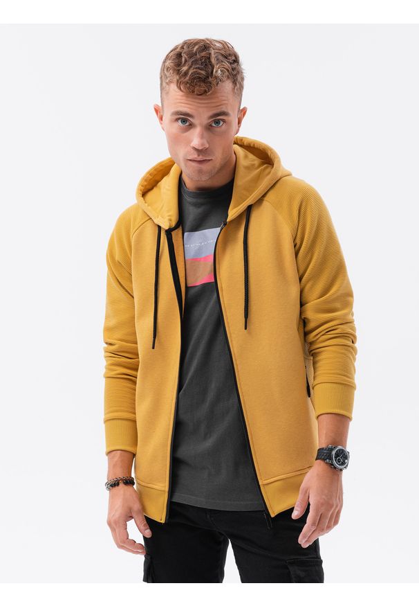 Ombre Clothing - Bluza męska rozpinana z kapturem B1083 - żółta - XXL. Typ kołnierza: kaptur. Kolor: żółty. Materiał: poliester, bawełna, materiał