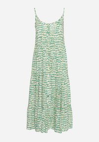 Born2be - Zielona Wiskozowa Sukienka z Cienkimi Ramiączkami Ozdobiona Guzikami i Falbanką Vikini. Typ kołnierza: dekolt w kształcie V. Kolor: zielony. Materiał: wiskoza. Długość rękawa: na ramiączkach. Wzór: aplikacja. Styl: klasyczny #5