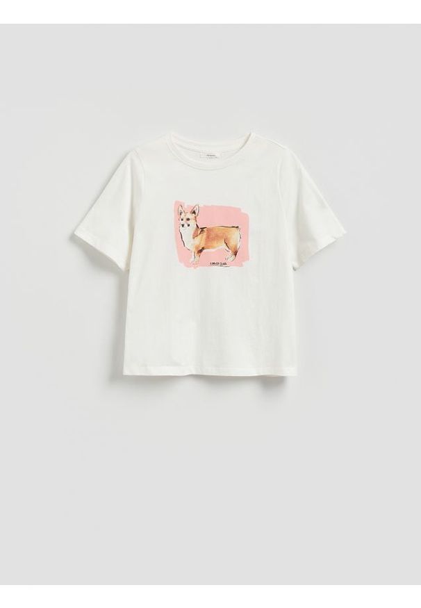 Reserved - T-shirt z nadrukiem - złamana biel. Materiał: bawełna, dzianina. Wzór: nadruk. Styl: klasyczny