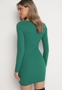 Born2be - Zielona Asymetryczna Sukienka Mini z Ozdobnym Marszczeniem Lunccera. Kolor: zielony. Typ sukienki: asymetryczne. Długość: mini #3