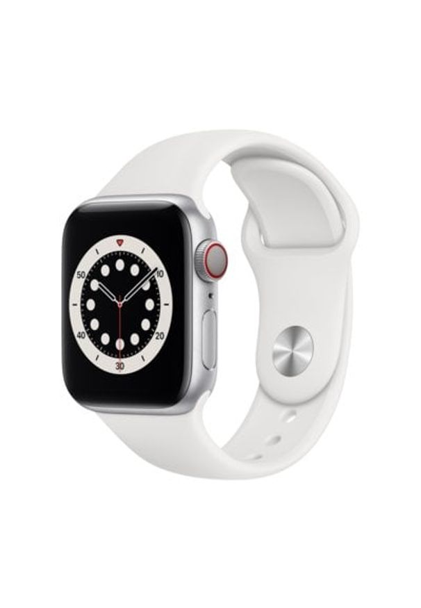 APPLE - APPL E Watch 6 Cellular 40mm (Srebrny z opaską sportową w kolorze białym). Rodzaj zegarka: smartwatch. Kolor: srebrny, wielokolorowy, biały. Materiał: poliester, nylon, guma, materiał. Styl: sportowy