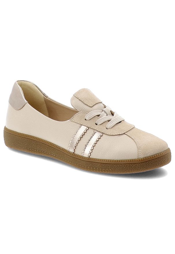 Trampki damskie Armodo, z łączonych materiałów ze skórą naturalną i zamszowymi wstawkami na cholewce sznurowana konstrukcja z metalicznymi paskami, b. Okazja: na co dzień. Zapięcie: pasek. Kolor: beżowy. Materiał: zamsz, skóra, materiał. Szerokość cholewki: normalna. Wzór: aplikacja. Styl: casual, klasyczny, sportowy