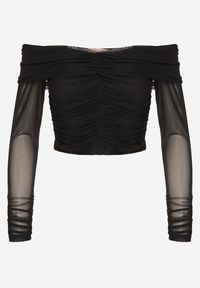 Renee - Czarna Drapowana Bluzka VICES z Odkrytymi Ramionami i Siateczkowymi Rękawami Atevite. Okazja: na co dzień. Kolor: czarny. Materiał: jeans. Styl: casual #5