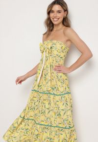 Born2be - Żółta Sukienka w Cytryny z Kokardą Galadessa. Okazja: na co dzień, na randkę. Typ kołnierza: kokarda. Kolor: żółty. Sezon: lato. Styl: casual, elegancki #6