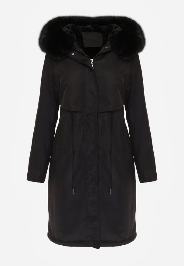 Born2be - Czarna Kurtka za Kolano ze Ściągaczem i Kapturem z Futerkiem Adoresa. Okazja: na co dzień. Kolor: czarny. Materiał: futro. Styl: casual