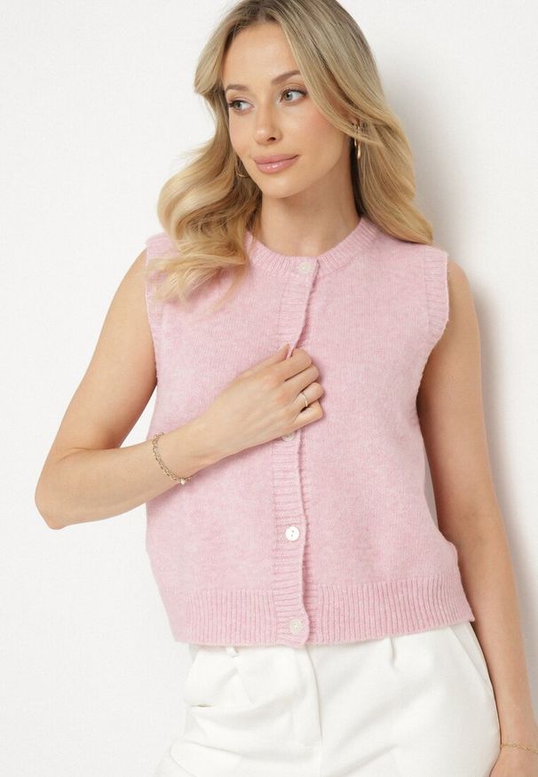 Born2be - Różowa Rozpinana Kamizelka z Wełną Eravina. Okazja: na co dzień. Kolor: różowy. Materiał: wełna. Styl: klasyczny, elegancki, casual