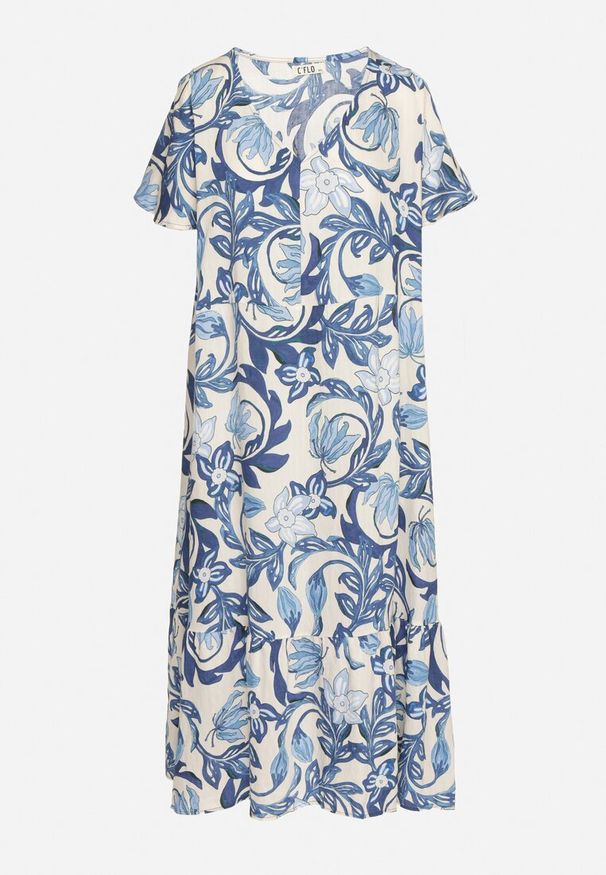 Born2be - Niebieska Pudełkowa Sukienka z Wiskozy w Kwiaty z Dekoltem w Serek Inisara. Okazja: na co dzień. Typ kołnierza: dekolt w serek. Kolor: niebieski. Materiał: wiskoza. Długość rękawa: krótki rękaw. Wzór: kwiaty. Styl: casual, elegancki, klasyczny