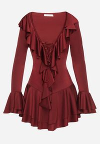 Born2be - Bordowa Taliowana Sukienka Zdobiona Falbankami Tiraneda. Okazja: na imprezę. Typ kołnierza: kołnierz z falbankami. Kolor: czerwony. Wzór: aplikacja. Typ sukienki: proste. Styl: elegancki #5