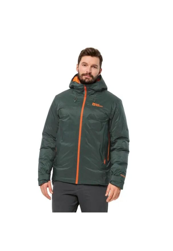 Kurtka turystyczna męska Jack Wolfskin Cyrox 2L Down. Typ kołnierza: kaptur. Kolor: zielony. Materiał: poliester. Sezon: zima. Sport: turystyka piesza