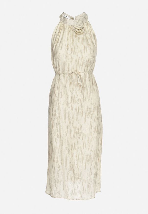 Born2be - Jasnobeżowa Koktajlowa Sukienka z Dekoltem Typu Halter z Broszką w Kształcie Kwiatu Vikiida. Typ kołnierza: dekolt halter. Kolor: beżowy. Długość rękawa: bez rękawów. Wzór: kwiaty. Styl: wizytowy