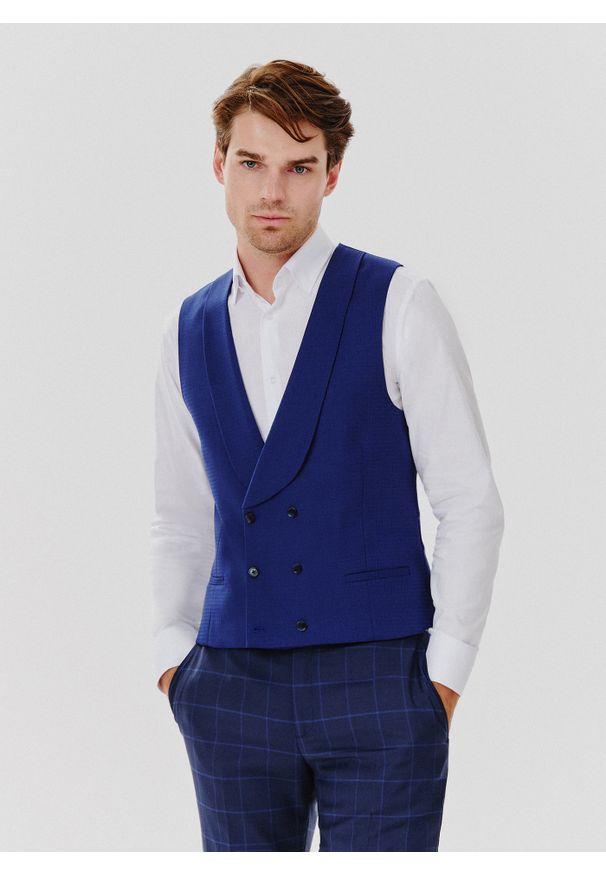 Pako Lorente - PAKO LORENTE – Granatowa dwurzędowa kamizelka męska. Kolor: niebieski. Materiał: wełna, elastan. Wzór: gładki
