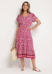 Born2be - Fioletowa Bawełniana Sukienka z Guzikami i Ornamentnym Wzorem Zisselle. Kolor: fioletowy. Materiał: bawełna #4