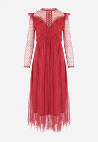 Born2be - Bordowa Sukienka z Koronką i Tiulem Nemila. Okazja: na co dzień. Typ kołnierza: dekolt w łódkę. Kolor: czerwony. Materiał: tiul, koronka. Wzór: koronka. Typ sukienki: proste. Styl: casual #5