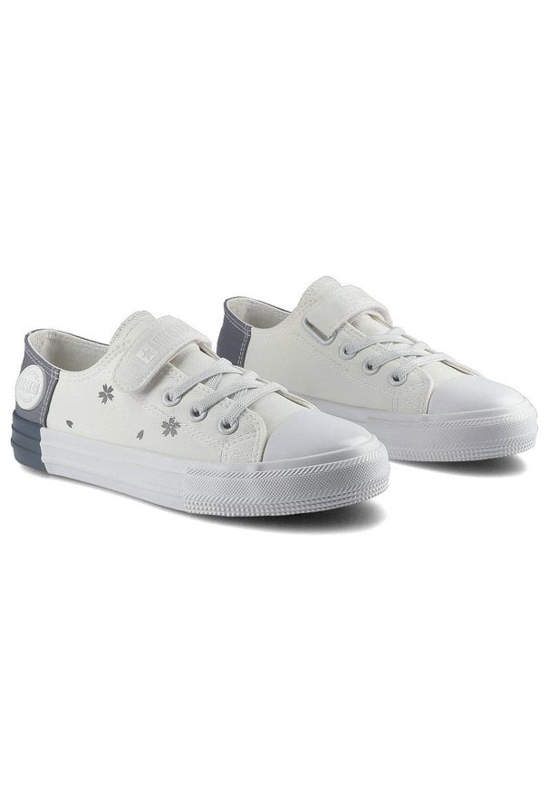 Big-Star - Białe Trampki Big Star Dziecięce Buty Na Rzep. Okazja: na uczelnię, na spacer. Zapięcie: rzepy. Kolor: szary. Materiał: materiał, guma. Szerokość cholewki: normalna. Wzór: nadruk, aplikacja, kwiaty. Styl: młodzieżowy, wizytowy