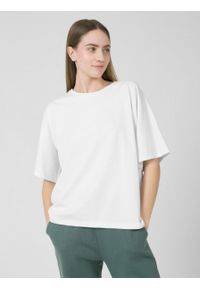 outhorn - T-shirt gładki damski - biały. Okazja: na co dzień. Kolor: biały. Materiał: bawełna, materiał, jeans, dresówka, dzianina. Długość rękawa: krótki rękaw. Wzór: gładki. Styl: casual, sportowy #1
