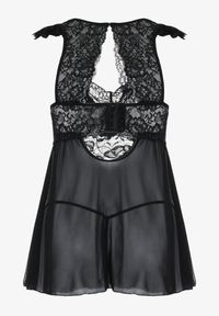 Renee - Czarna Koronkowa Koszula Nocna Mini z Siateczki ze Stringami w Komplecie Tuala. Kolor: czarny. Materiał: koronka #6