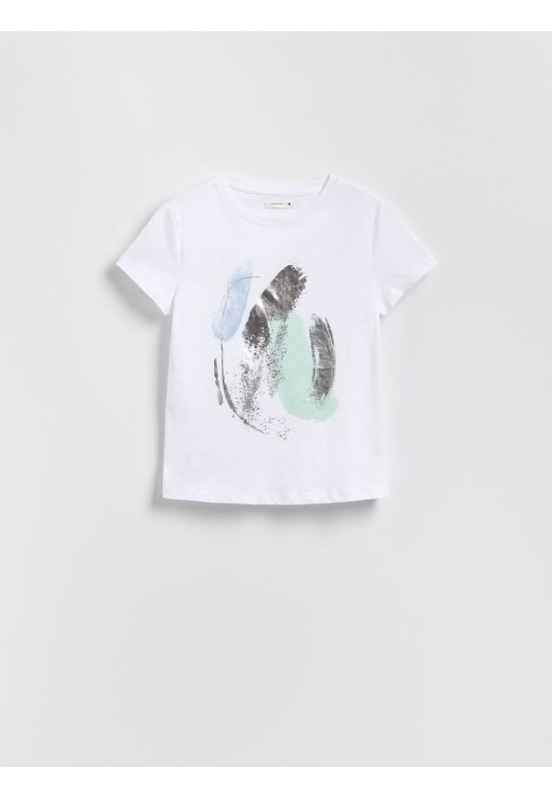 Reserved - T-shirt z nadrukiem - biały. Kolor: biały. Materiał: dzianina, bawełna. Wzór: nadruk